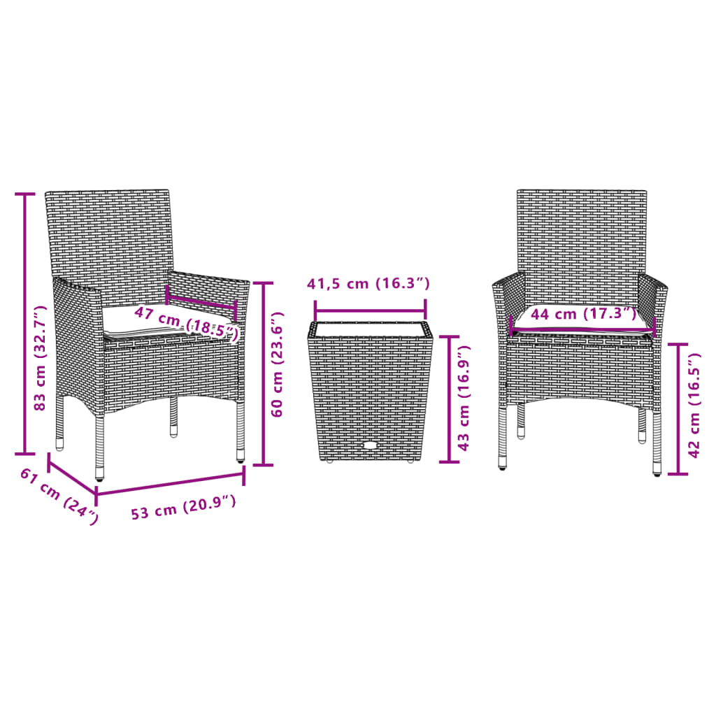 vidaXL Set bistro cu perne, 3 piese, gri, poliratan și sticlă