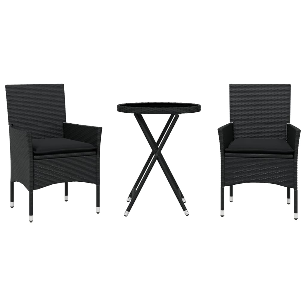 vidaXL Set bistro cu perne, 3 piese, negru, poliratan și sticlă vidaXL Set bistro cu perne, 3 piese, negru, poliratan și sticlă