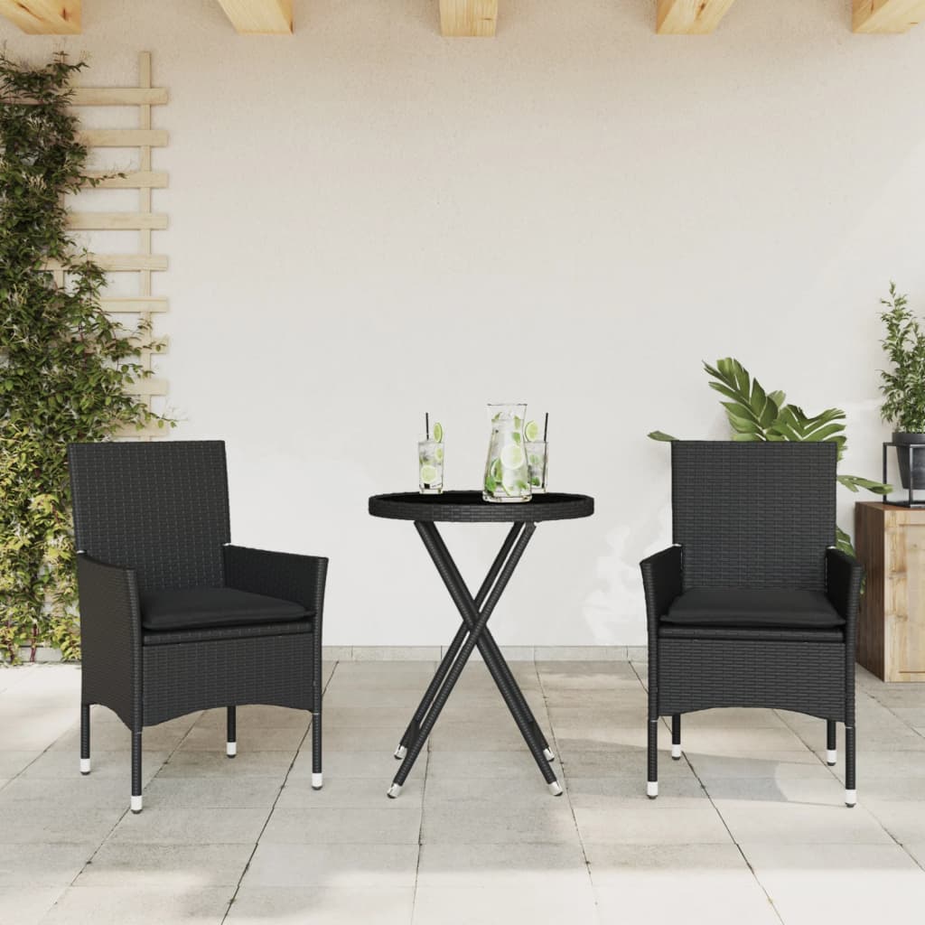 vidaXL Set bistro cu perne, 3 piese, negru, poliratan și sticlă vidaXL Set bistro cu perne, 3 piese, negru, poliratan și sticlă