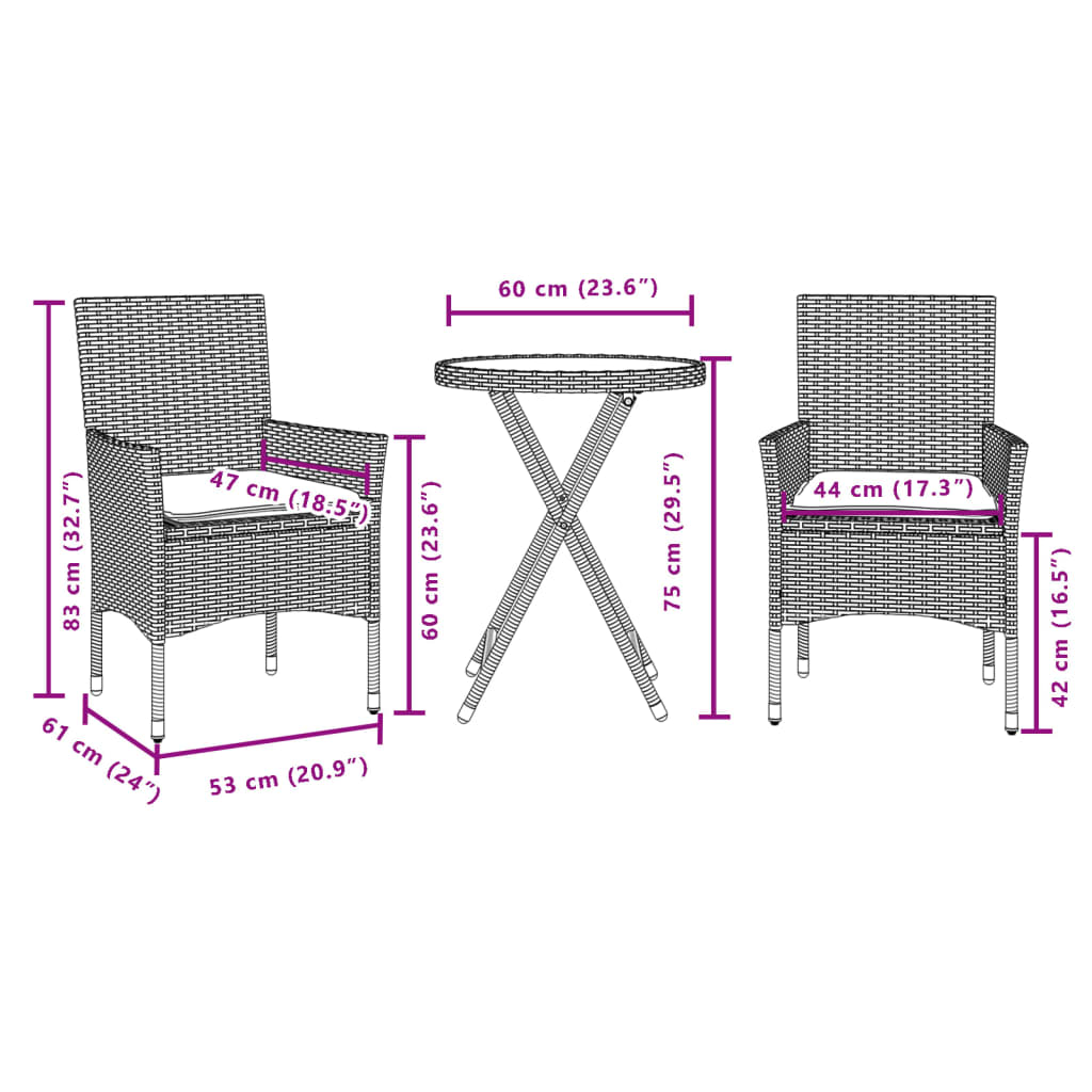 vidaXL Set bistro cu perne, 3 piese, gri, poliratan și sticlă
