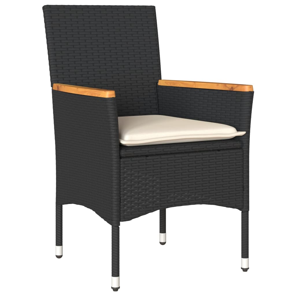 vidaXL Set bistro cu perne, 3 piese, negru, poliratan și sticlă
