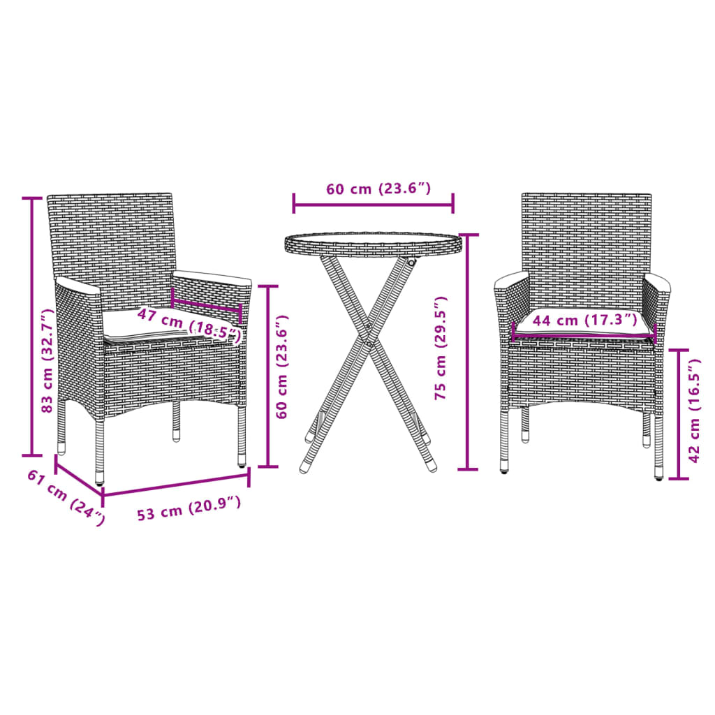 vidaXL Set bistro cu perne, 3 piese, negru, poliratan și sticlă