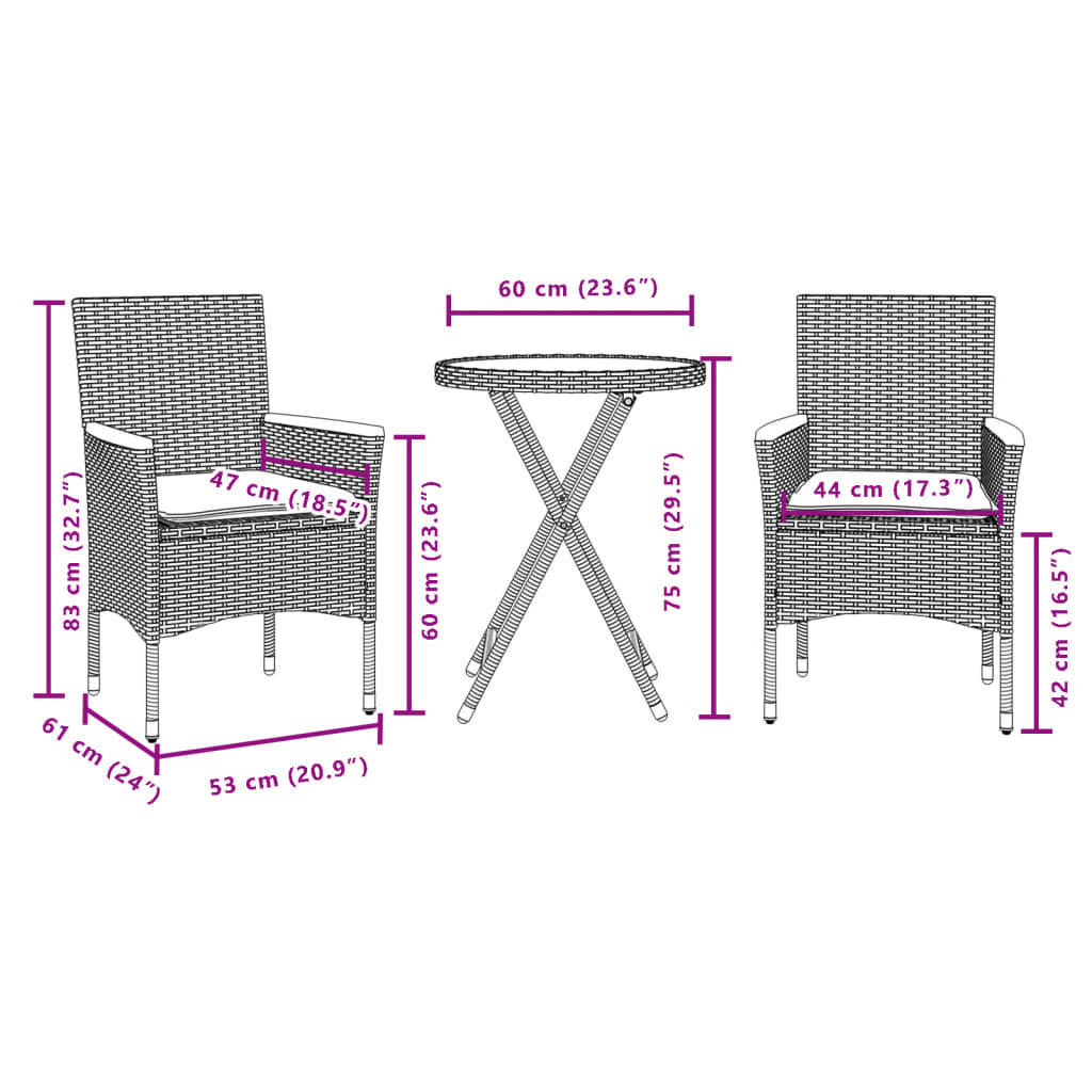 vidaXL Set bistro cu perne, 3 piese, gri, poliratan și lemn acacia