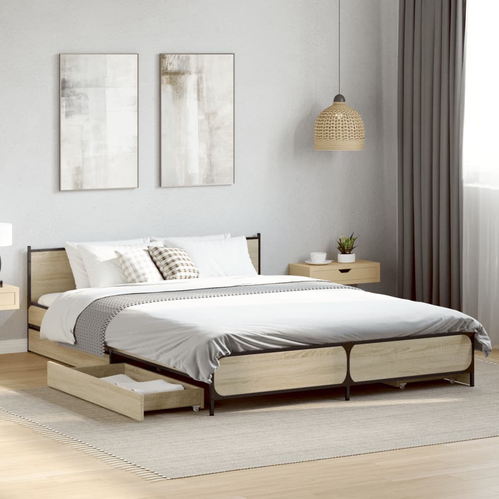 vidaXL Cadru de pat cu sertare stejar sonoma 120x200 cm lemn prelucrat vidaXL Cadru de pat cu sertare stejar sonoma 120x200 cm lemn prelucrat
