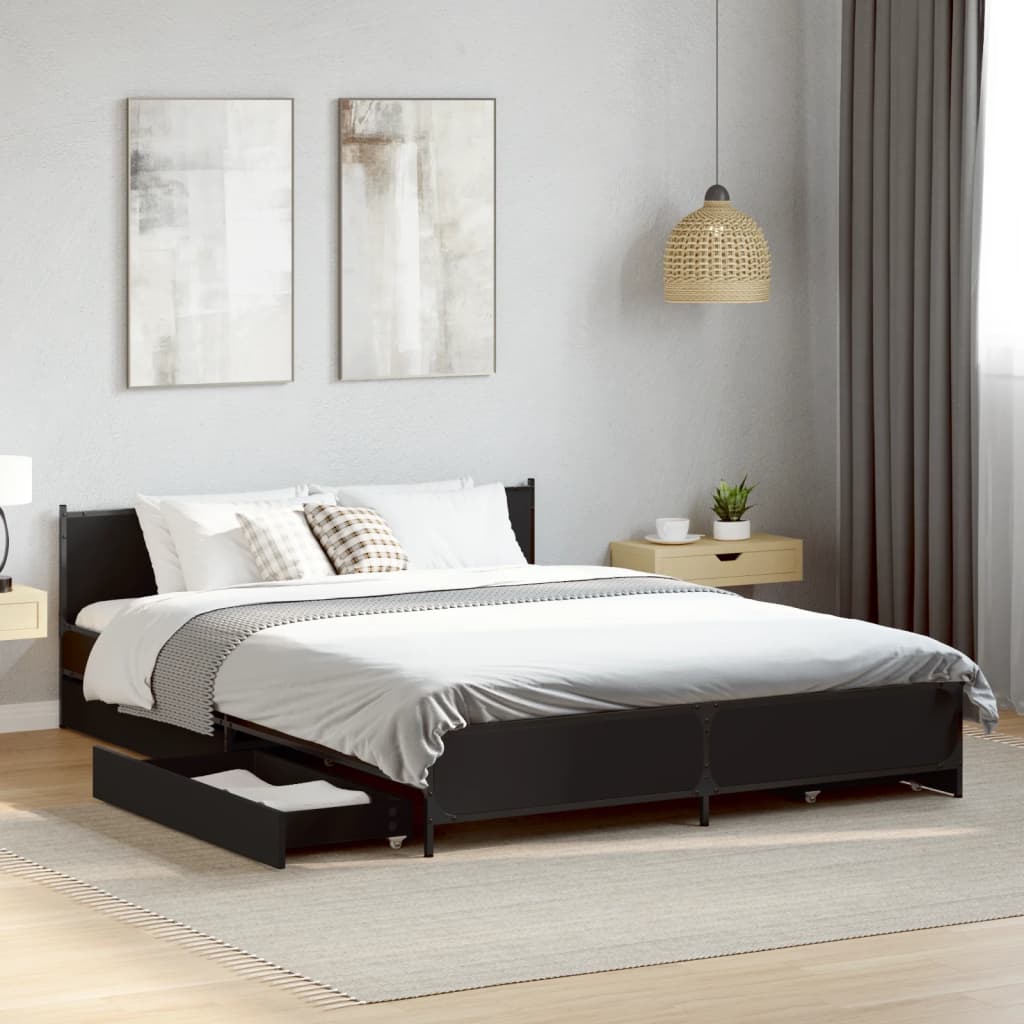 vidaXL Cadru de pat cu sertare, negru, 135x190 cm, lemn prelucrat vidaXL Cadru de pat cu sertare, negru, 135x190 cm, lemn prelucrat