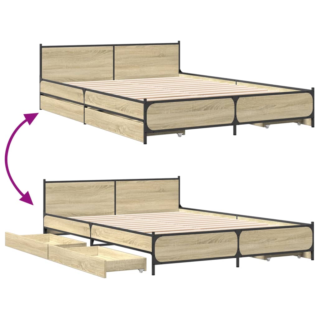 vidaXL Cadru de pat cu sertare stejar sonoma 135x190 cm lemn prelucrat vidaXL Cadru de pat cu sertare stejar sonoma 135x190 cm lemn prelucrat