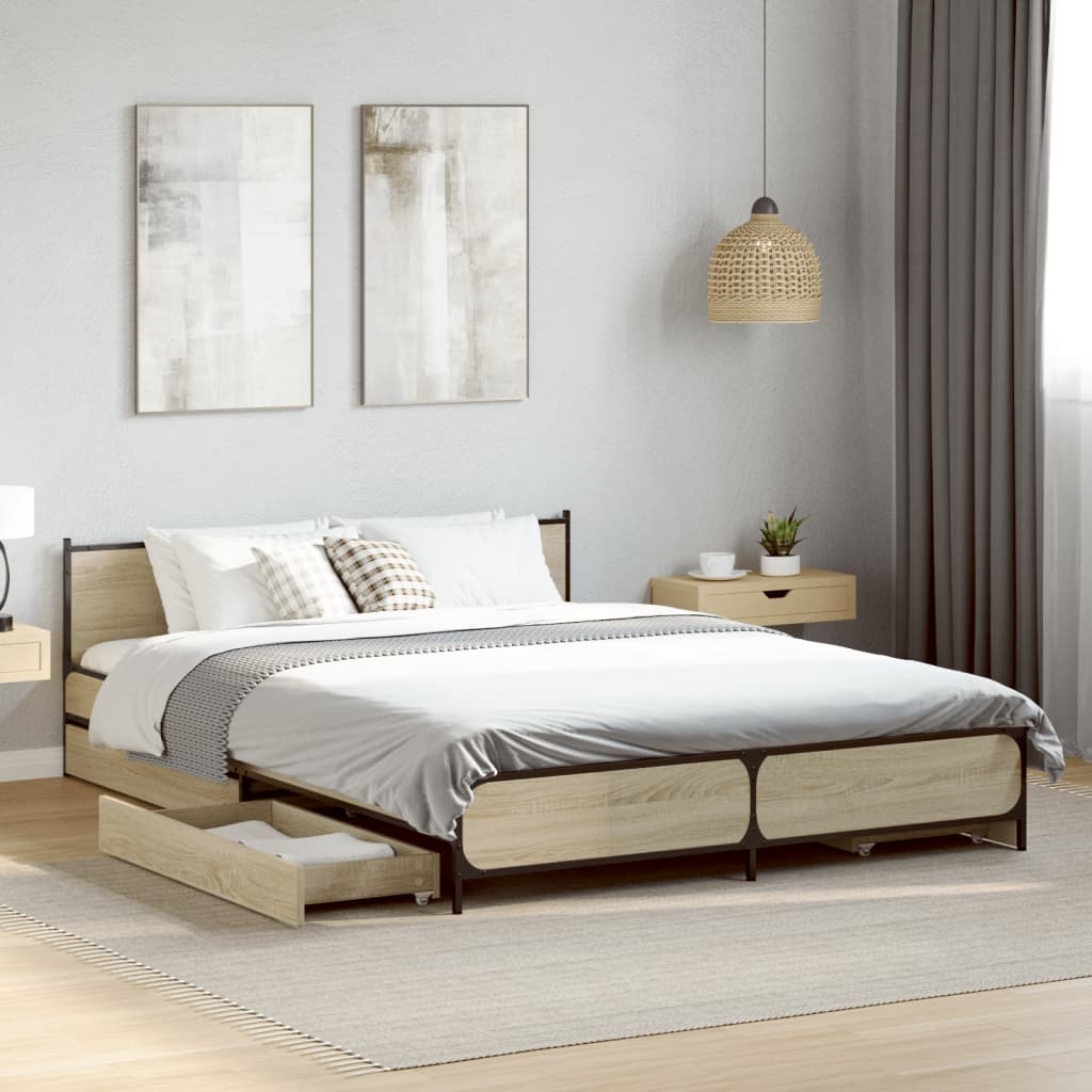 vidaXL Cadru de pat cu sertare stejar sonoma 135x190 cm lemn prelucrat vidaXL Cadru de pat cu sertare stejar sonoma 135x190 cm lemn prelucrat