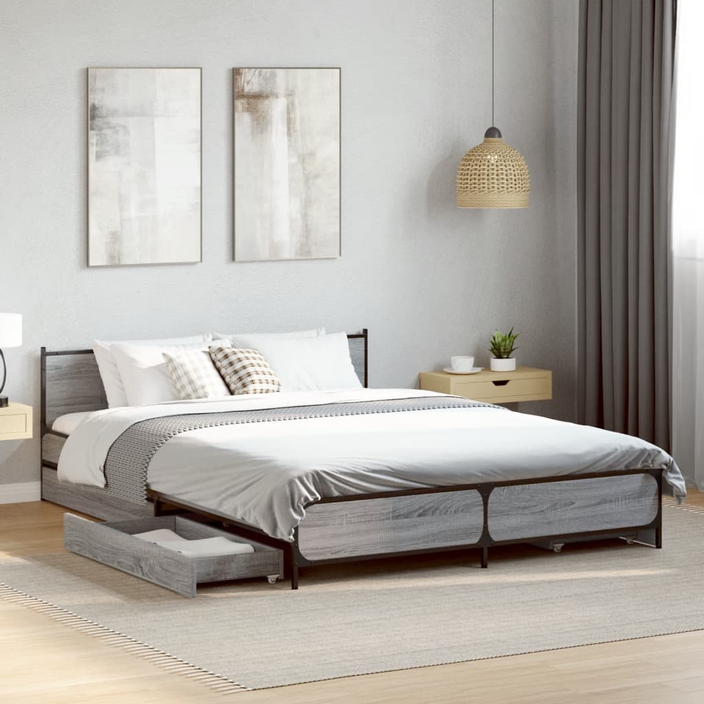 vidaXL Cadru de pat cu sertare, gri sonoma, 135x190 cm, lemn prelucrat vidaXL Cadru de pat cu sertare, gri sonoma, 135x190 cm, lemn prelucrat
