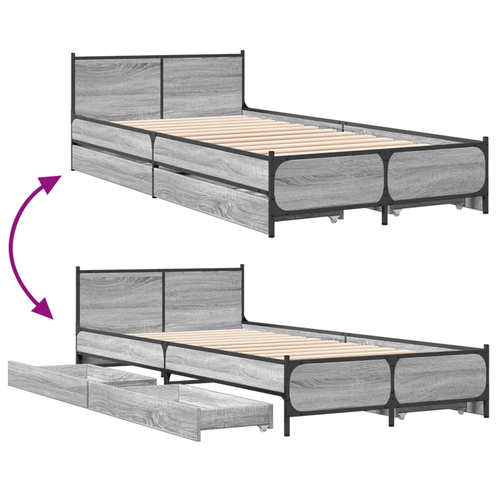 vidaXL Cadru de pat cu sertare gri sonoma 75x190 cm lemn prelucrat