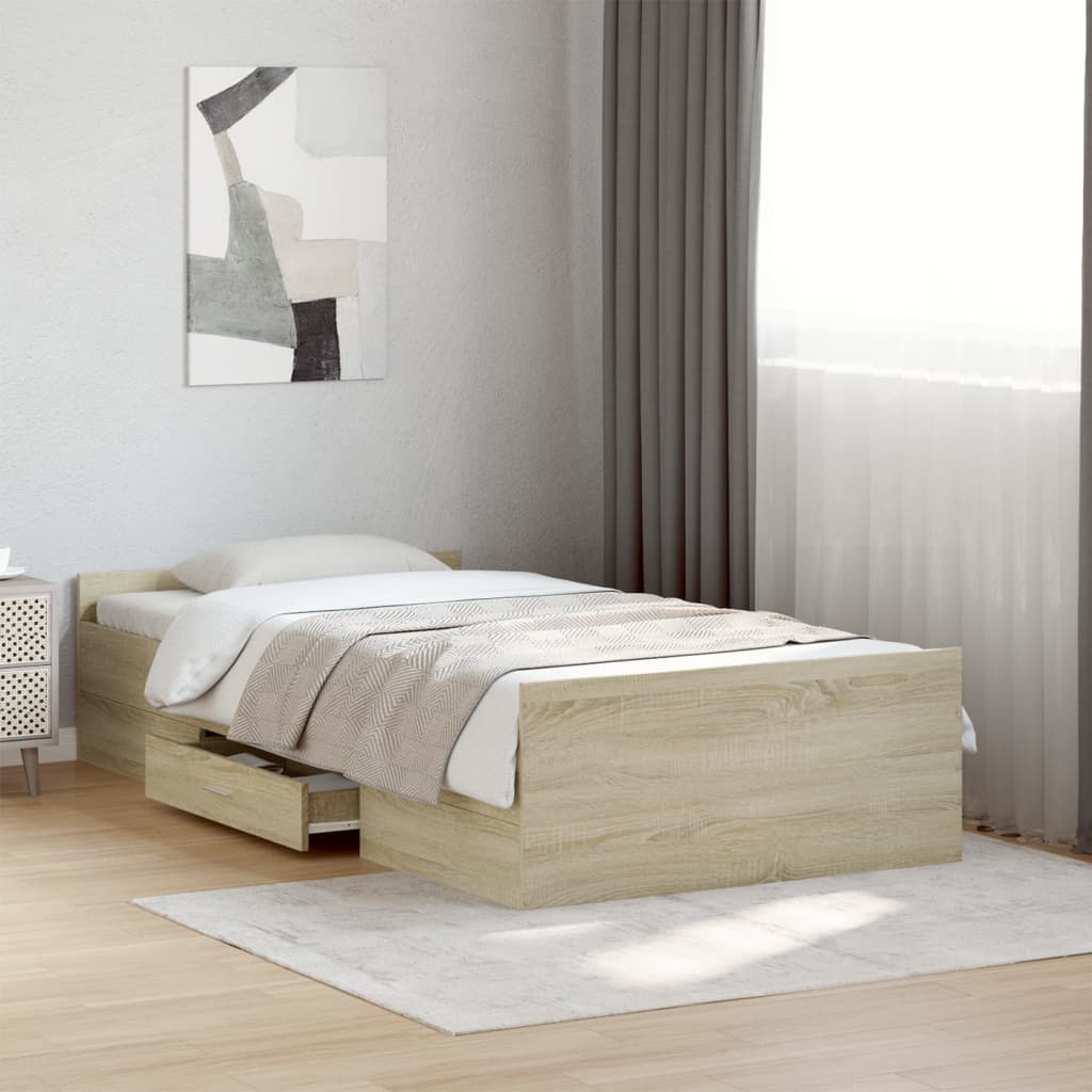 vidaXL Cadru de pat cu sertare stejar sonoma 100x200 cm lemn prelucrat vidaXL Cadru de pat cu sertare stejar sonoma 100x200 cm lemn prelucrat
