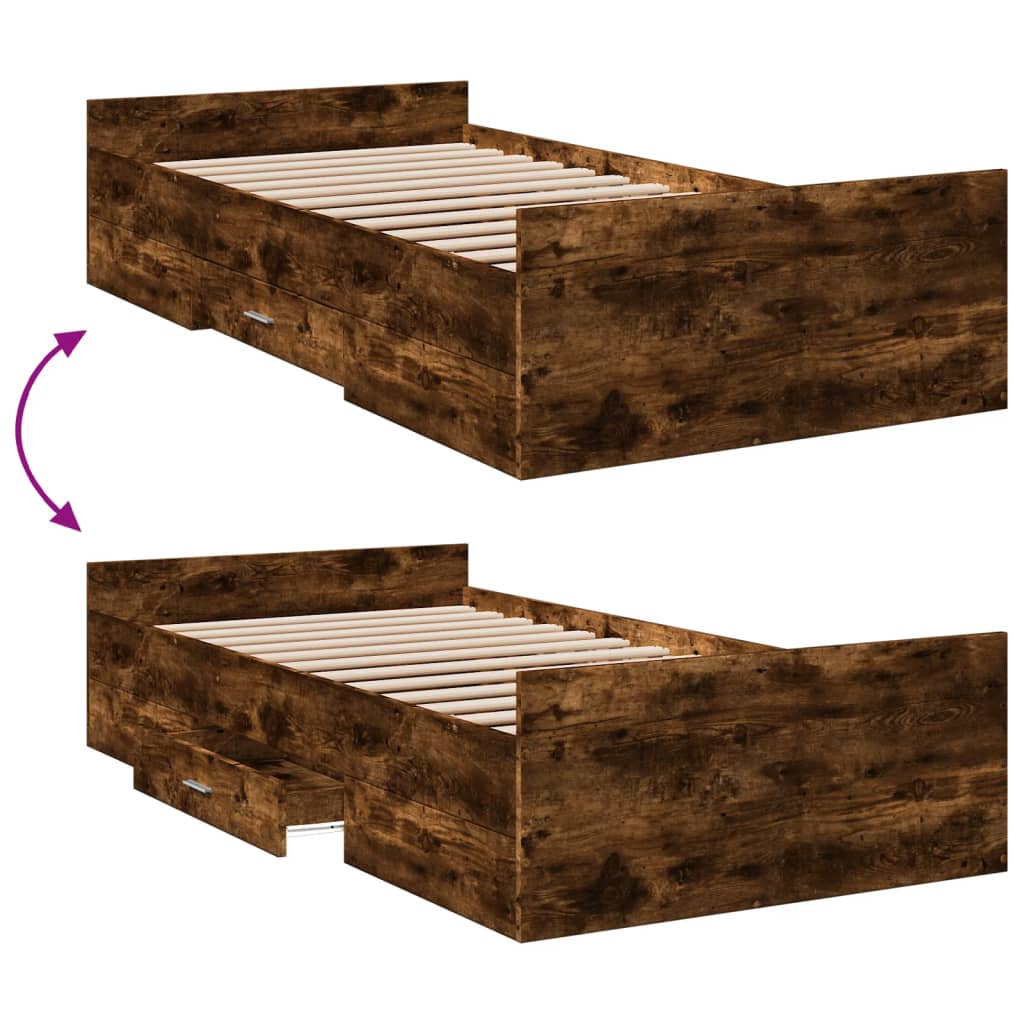 vidaXL Cadru de pat cu sertare stejar fumuriu 90x190 cm lemn prelucrat