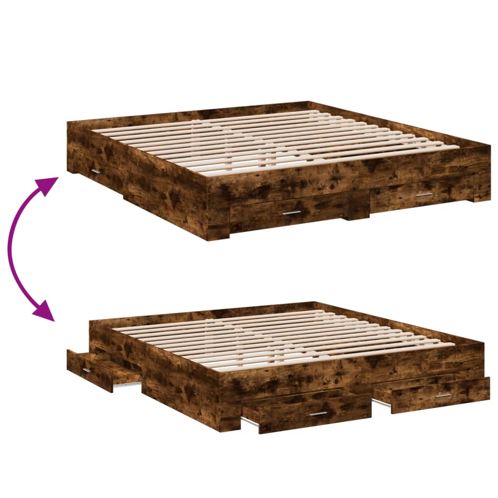 vidaXL Cadru de pat cu sertare stejar fumuriu 200x200cm lemn prelucrat