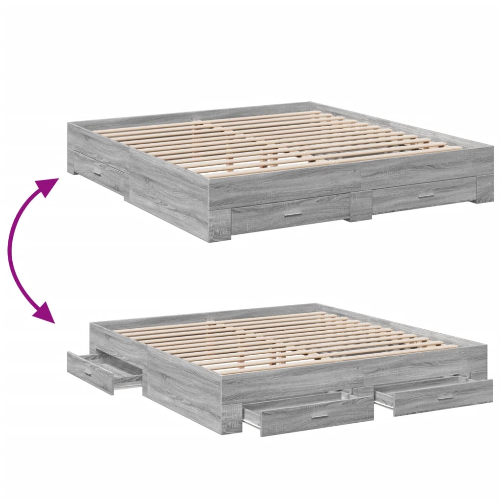 vidaXL Cadru de pat cu sertare gri sonoma 200x200 cm lemn prelucrat