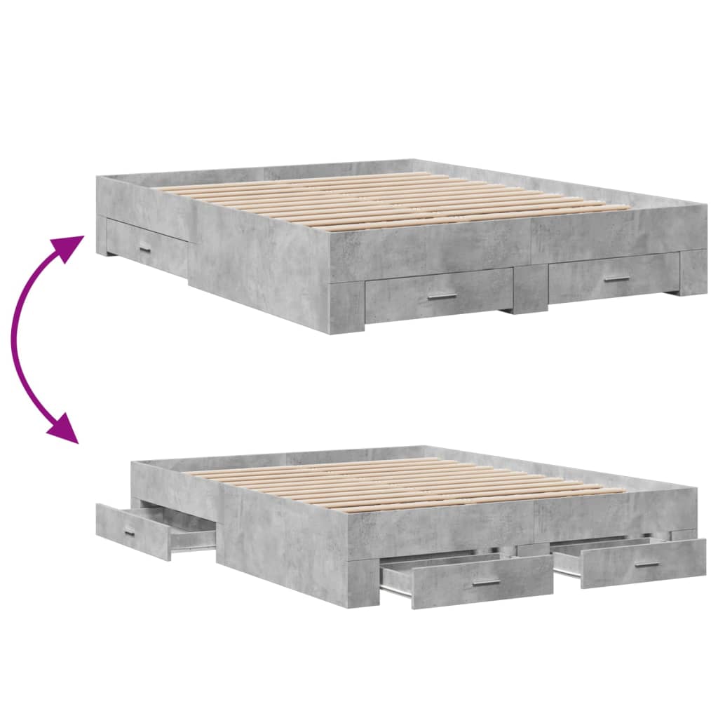 vidaXL Cadru de pat cu sertare, gri beton, 140x200 cm, lemn prelucrat vidaXL Cadru de pat cu sertare, gri beton, 140x200 cm, lemn prelucrat