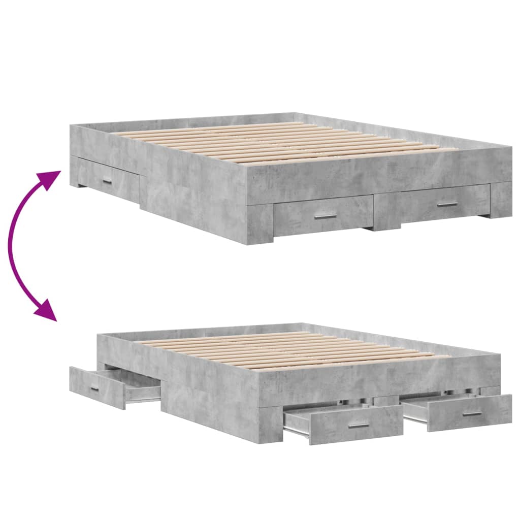 vidaXL Cadru de pat cu sertare, gri beton, 140x190 cm, lemn prelucrat vidaXL Cadru de pat cu sertare, gri beton, 140x190 cm, lemn prelucrat