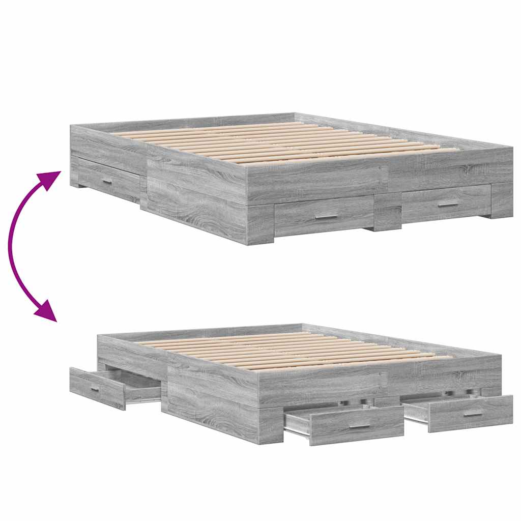 vidaXL Cadru de pat cu sertare, gri sonoma, 135x190 cm, lemn prelucrat