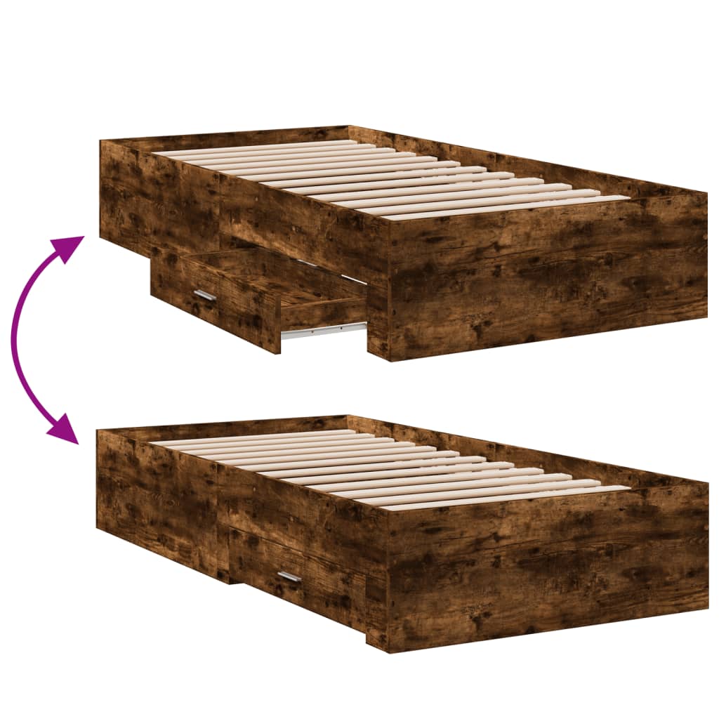vidaXL Cadru de pat cu sertare stejar fumuriu 90x190 cm lemn prelucrat