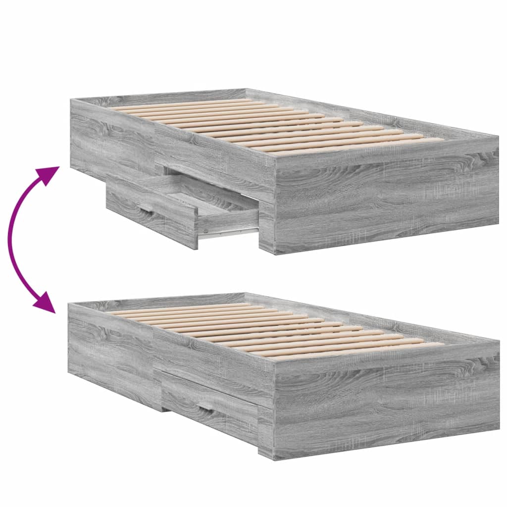 vidaXL Cadru de pat cu sertare gri sonoma 75x190 cm lemn prelucrat