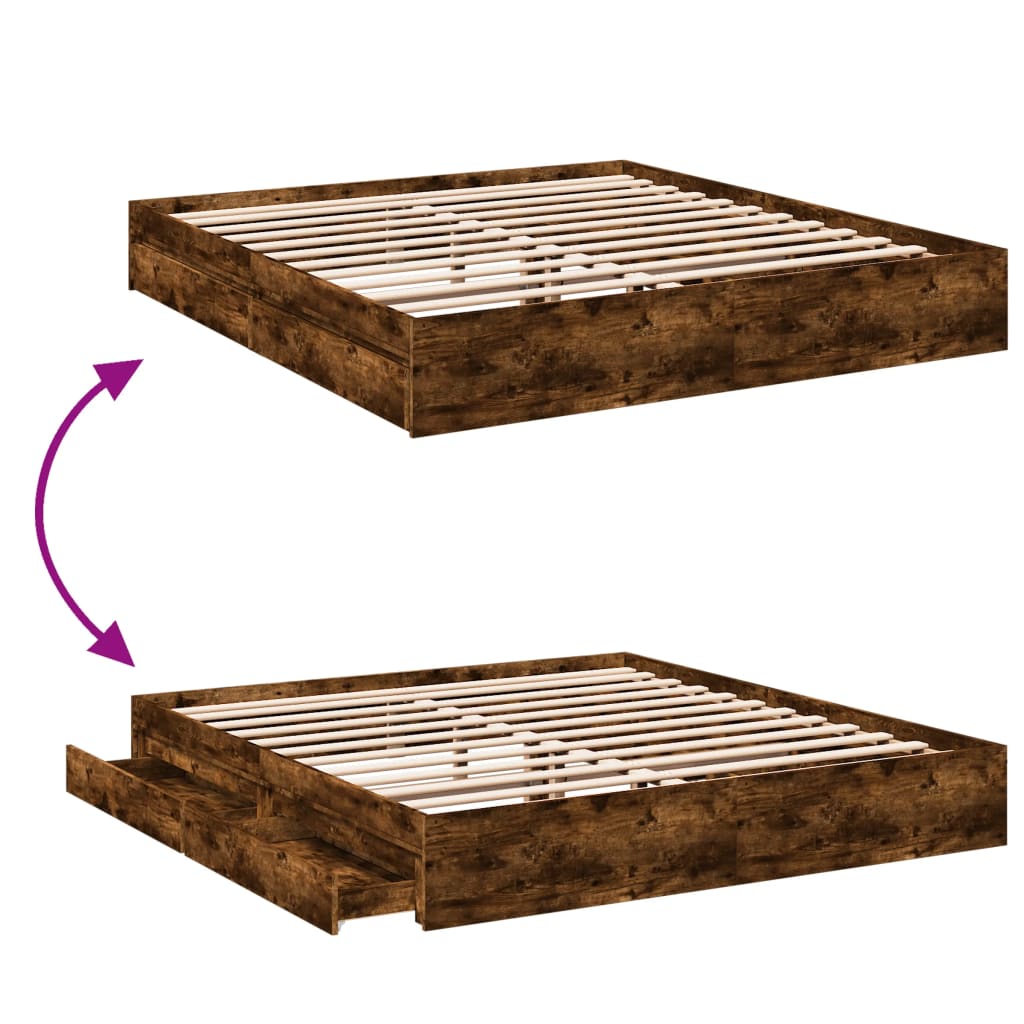 vidaXL Cadru de pat cu sertare stejar fumuriu 200x200cm lemn prelucrat