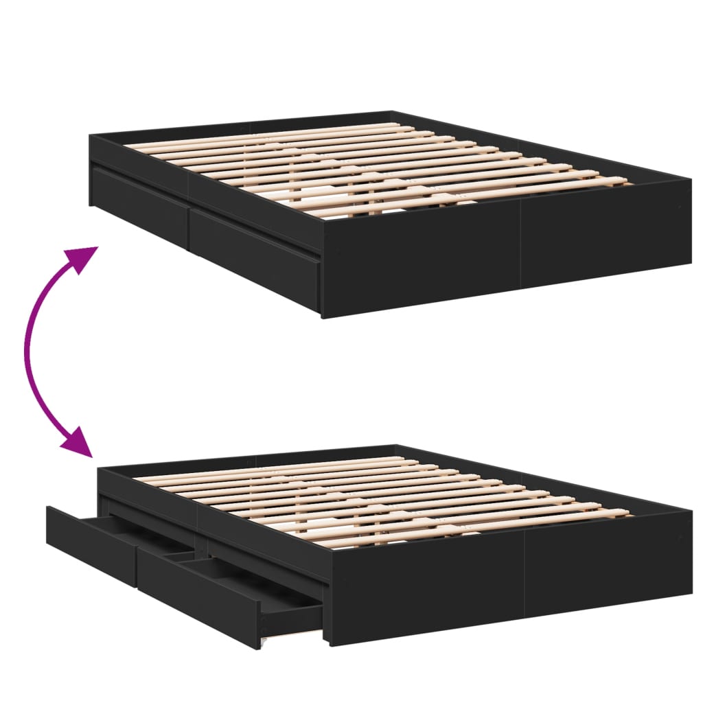 vidaXL Cadru de pat cu sertare, negru, 140x190 cm, lemn prelucrat