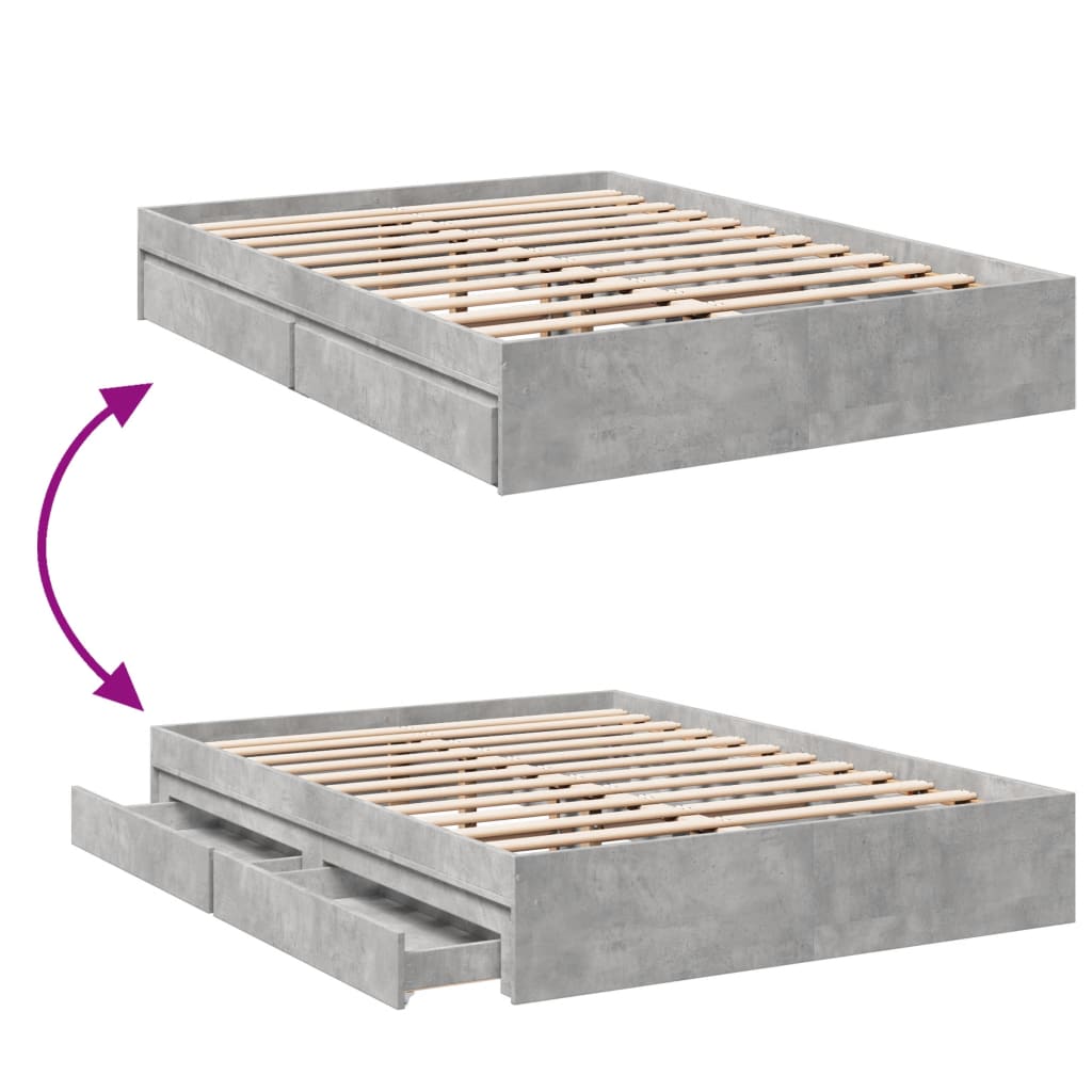 vidaXL Cadru de pat cu sertare, gri beton, 135x190 cm, lemn prelucrat vidaXL Cadru de pat cu sertare, gri beton, 135x190 cm, lemn prelucrat