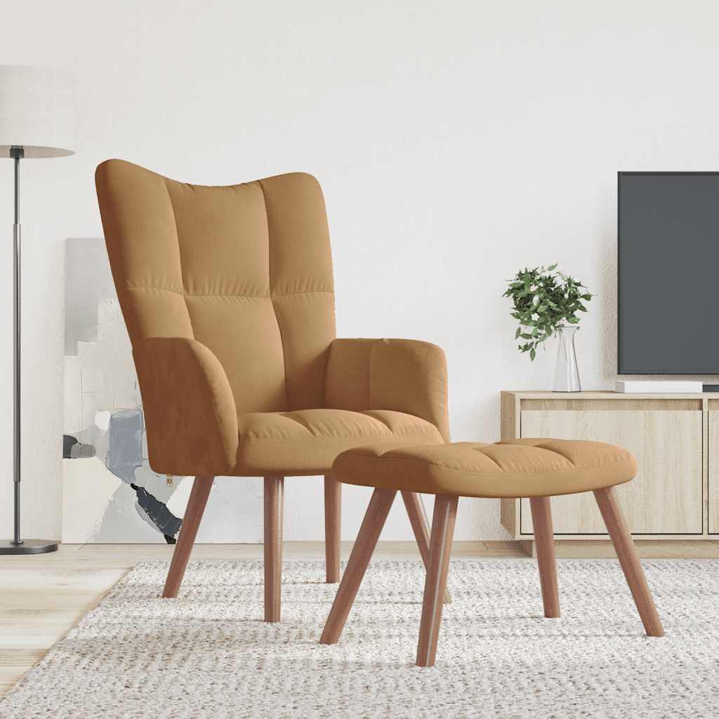 vidaXL Scaun de relaxare cu taburet, maro, catifea vidaXL Scaun de relaxare cu taburet, maro, catifea