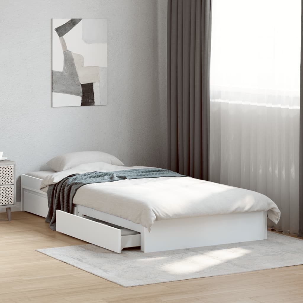vidaXL Cadru de pat cu sertare, alb, 75x190 cm, lemn prelucrat vidaXL Cadru de pat cu sertare, alb, 75x190 cm, lemn prelucrat