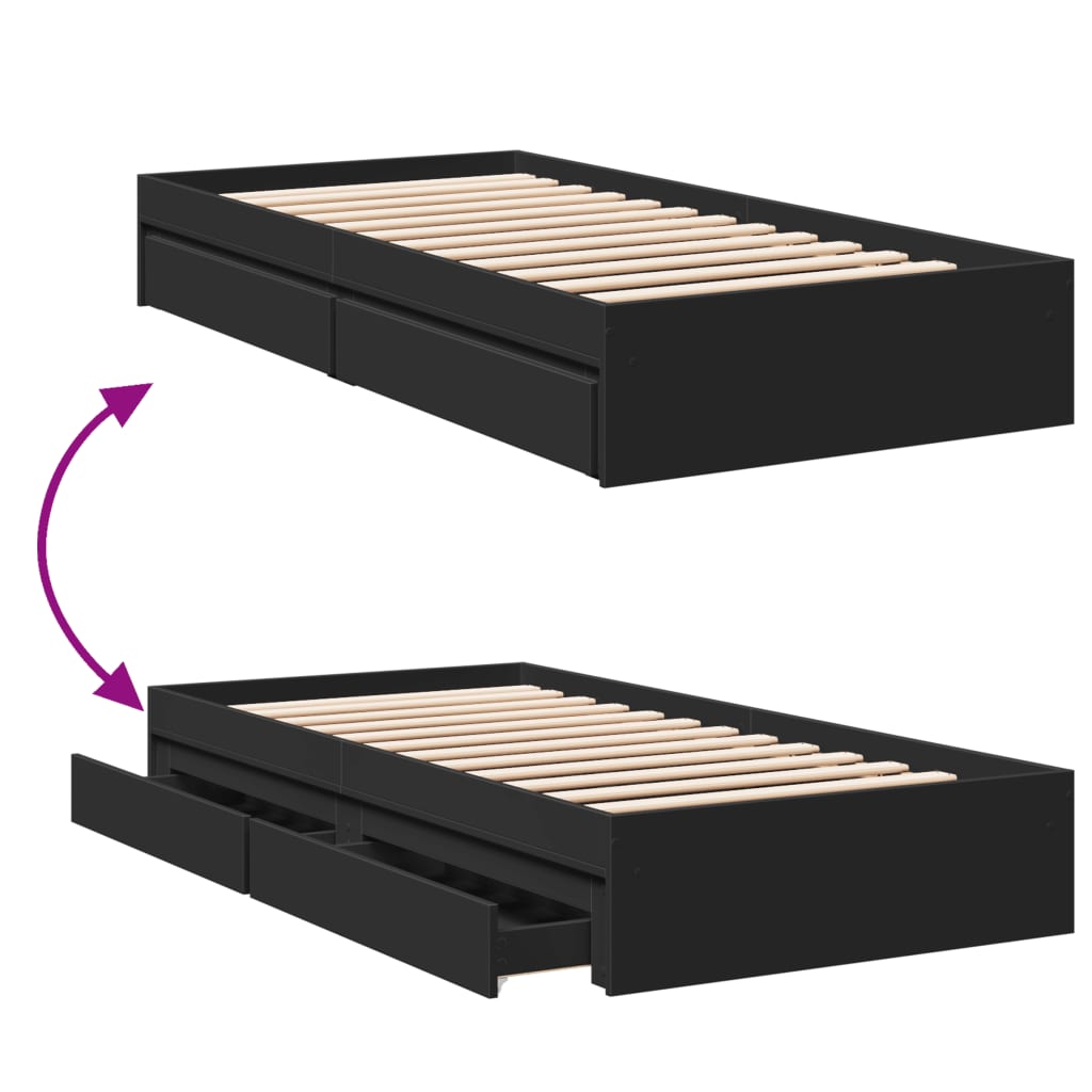 vidaXL Cadru de pat cu sertare, negru, 75x190 cm, lemn prelucrat