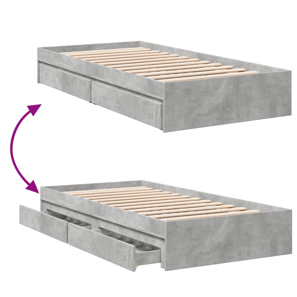 vidaXL Cadru de pat cu sertare, gri beton, 75x190 cm, lemn prelucrat vidaXL Cadru de pat cu sertare, gri beton, 75x190 cm, lemn prelucrat
