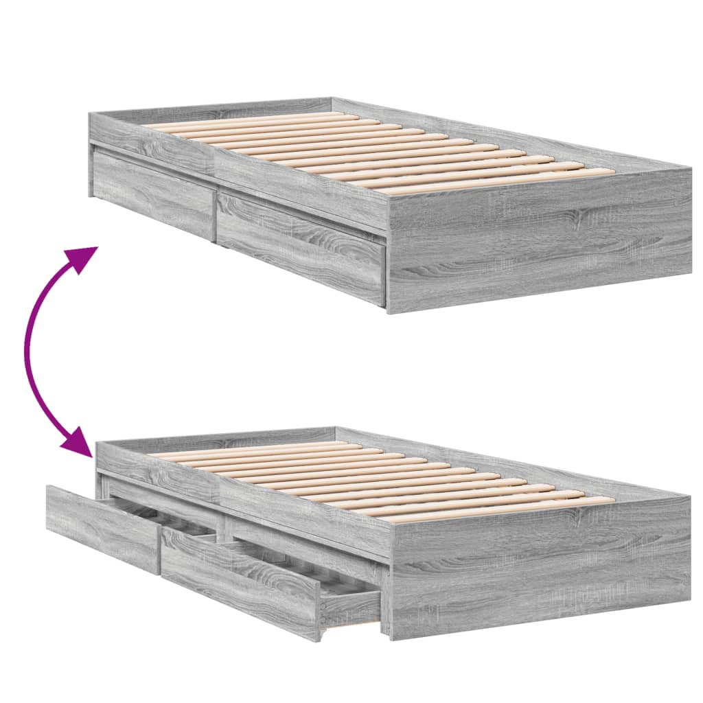 vidaXL Cadru de pat cu sertare gri sonoma 75x190 cm lemn prelucrat