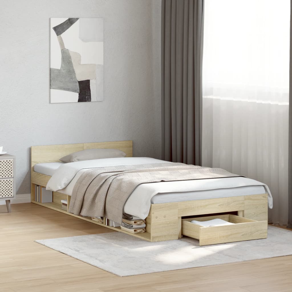 vidaXL Cadru de pat cu sertar stejar sonoma 90x190 cm lemn prelucrat vidaXL Cadru de pat cu sertar stejar sonoma 90x190 cm lemn prelucrat