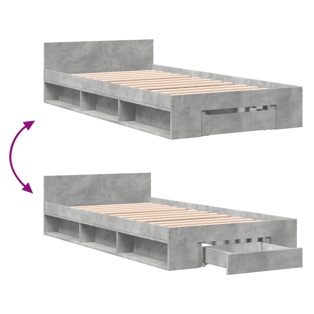 vidaXL Cadru de pat cu sertar, gri beton, 75x190 cm, lemn prelucrat vidaXL Cadru de pat cu sertar, gri beton, 75x190 cm, lemn prelucrat