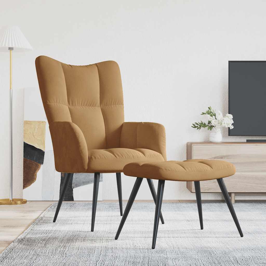 vidaXL Scaun de relaxare cu taburet, maro, catifea vidaXL Scaun de relaxare cu taburet, maro, catifea