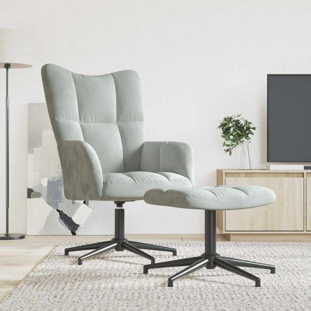 vidaXL Scaun de relaxare cu taburet, gri deschis, catifea vidaXL Scaun de relaxare cu taburet, gri deschis, catifea