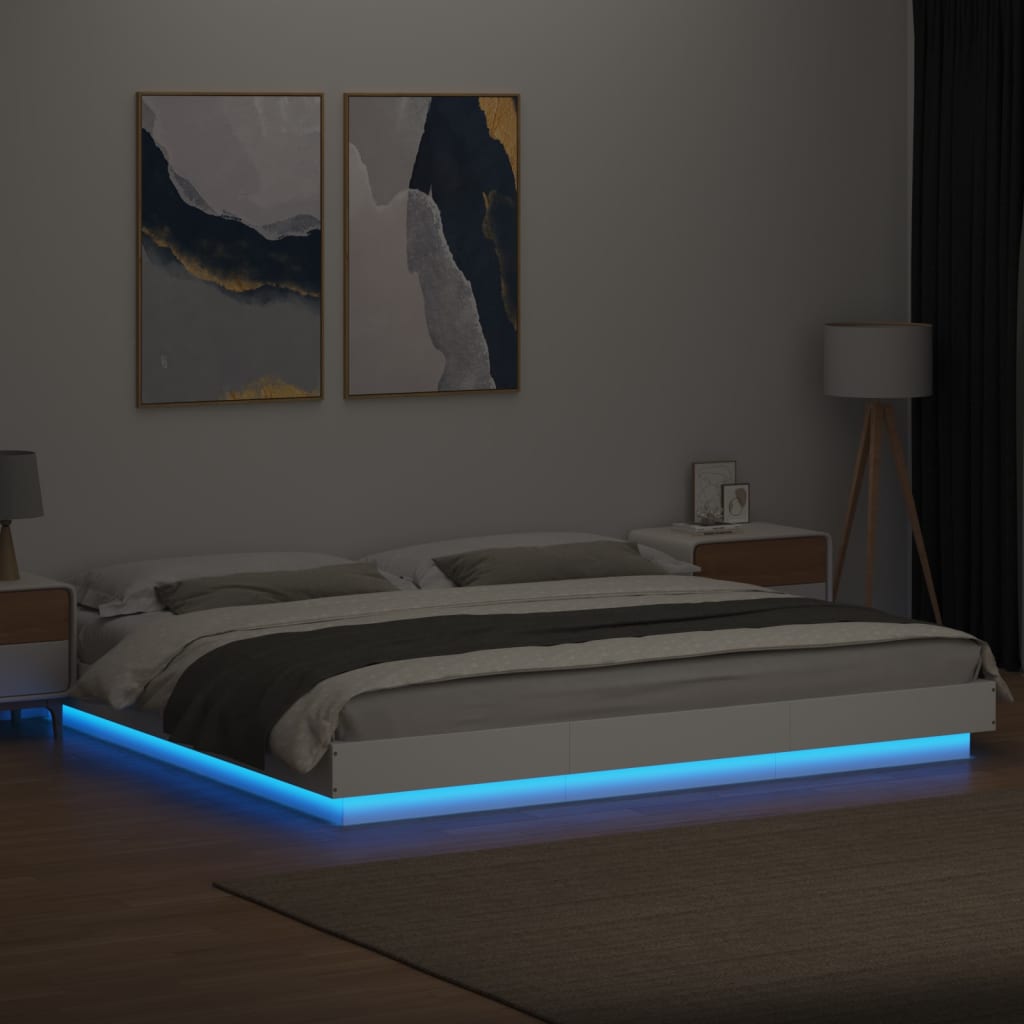 vidaXL Cadru de pat cu lumini LED, alb, 200x200 cm, lemn prelucrat