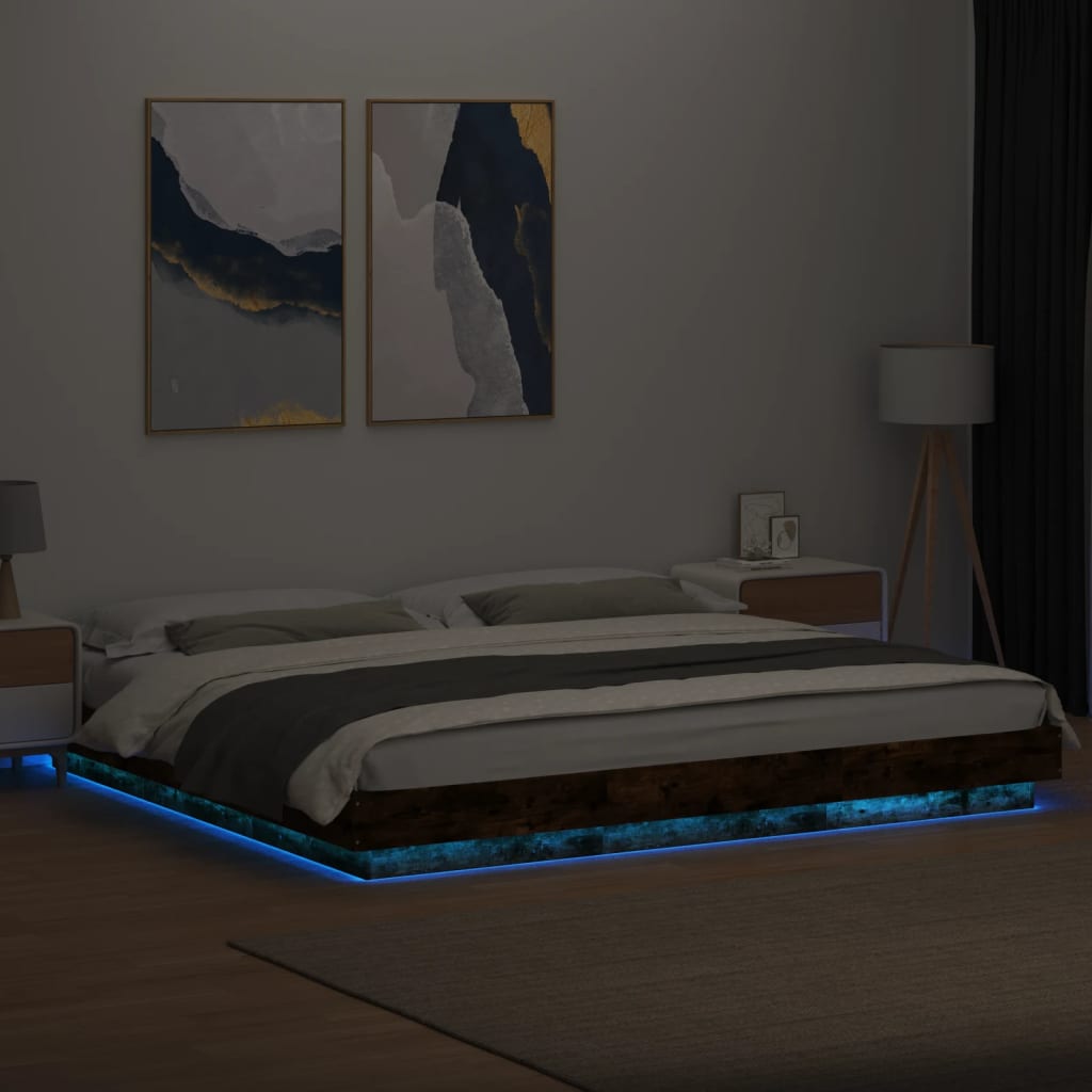 vidaXL Cadru de pat cu LED stejar fumuriu 200x200cm lemn prelucrat
