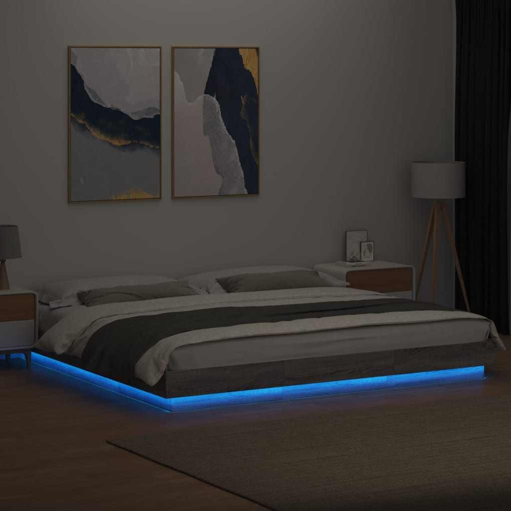 vidaXL Cadru de pat cu lumini LED gri sonoma 200x200 cm lemn prelucrat vidaXL Cadru de pat cu lumini LED gri sonoma 200x200 cm lemn prelucrat