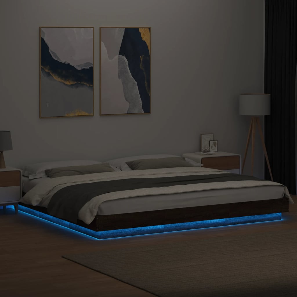 vidaXL Cadru de pat cu lumini LED stejar maro 200x200cm lemn prelucrat vidaXL Cadru de pat cu lumini LED stejar maro 200x200cm lemn prelucrat
