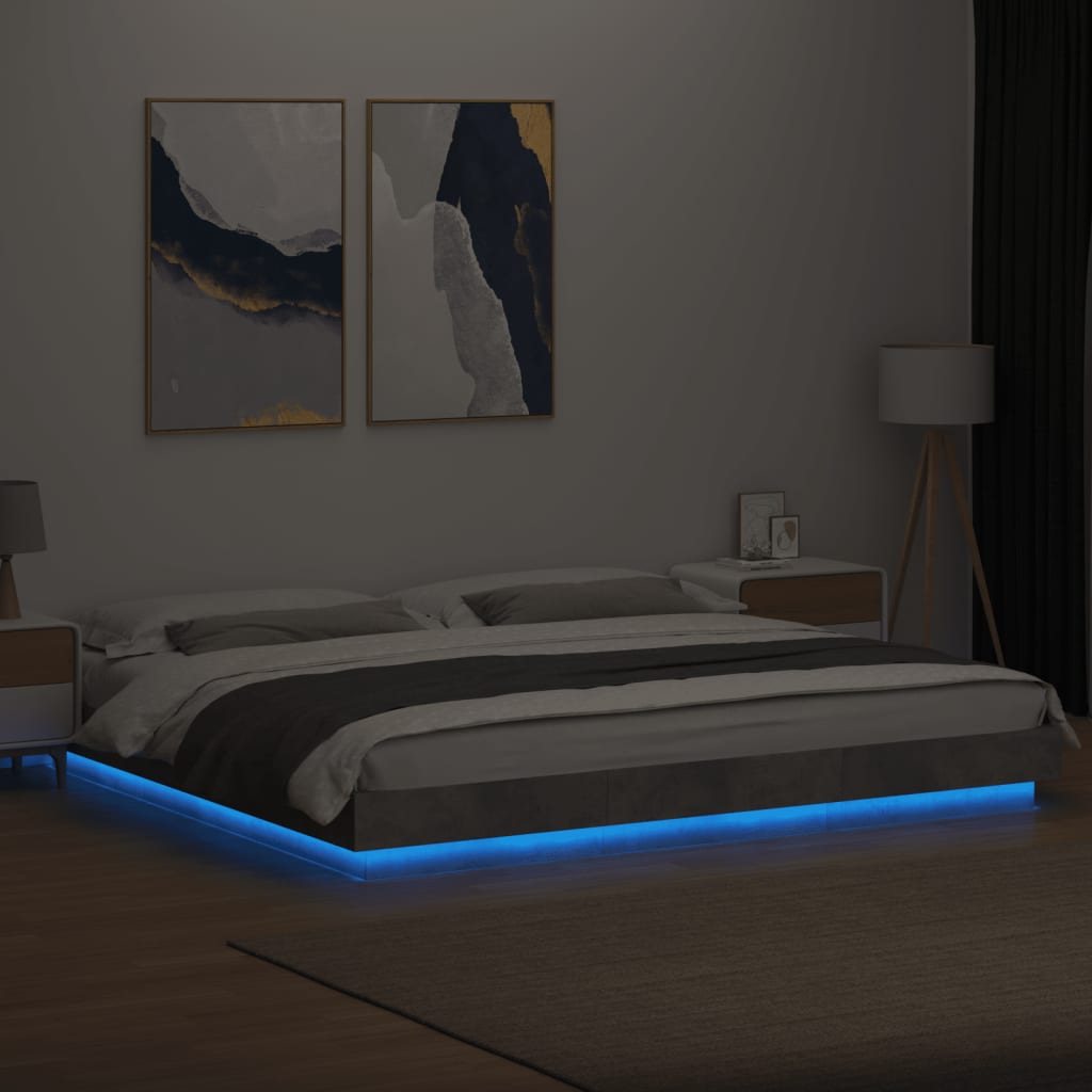 vidaXL Cadru de pat cu lumini LED gri beton 180x200 cm, lemn prelucrat