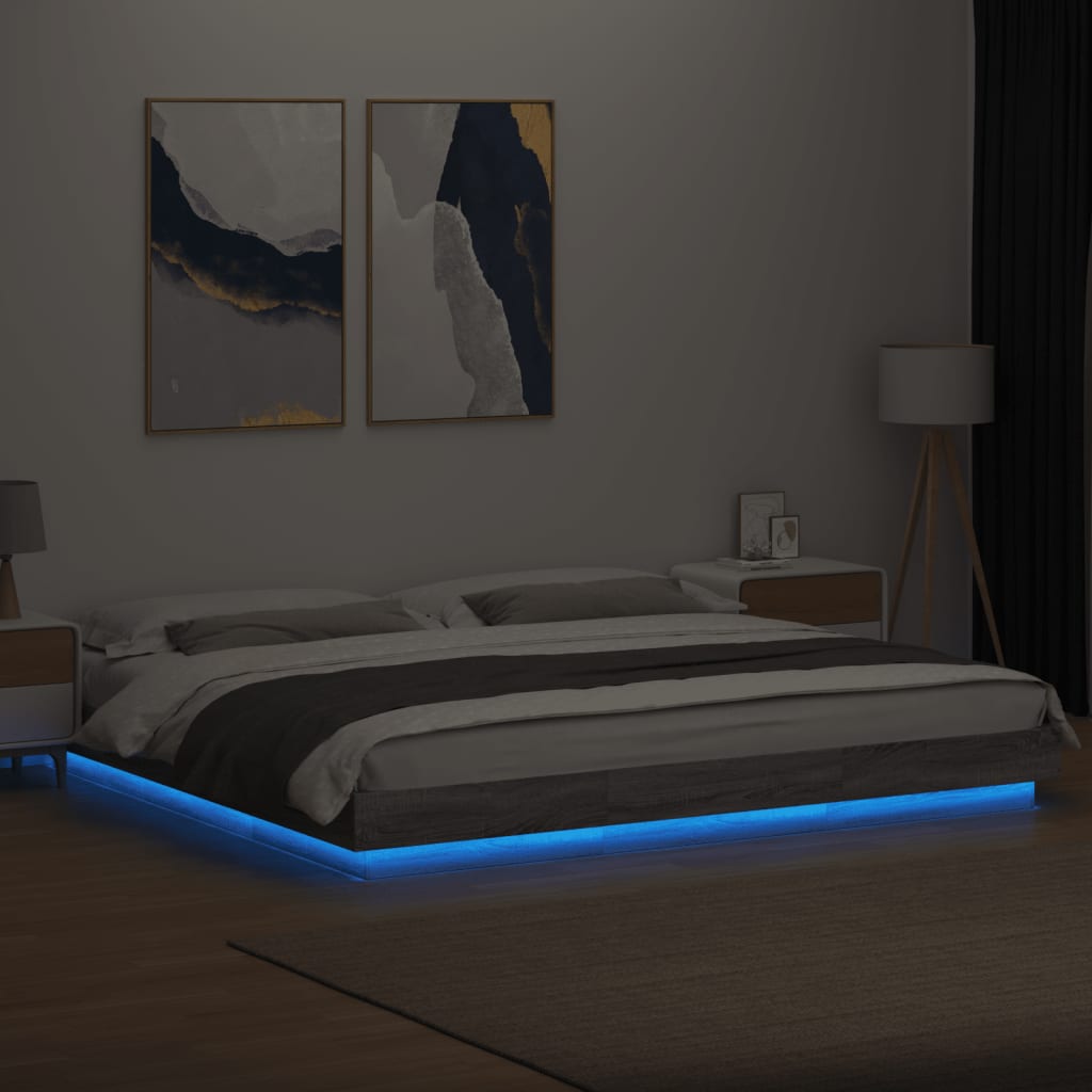 vidaXL Cadru de pat cu lumini LED gri sonoma 180x200 cm lemn prelucrat vidaXL Cadru de pat cu lumini LED gri sonoma 180x200 cm lemn prelucrat