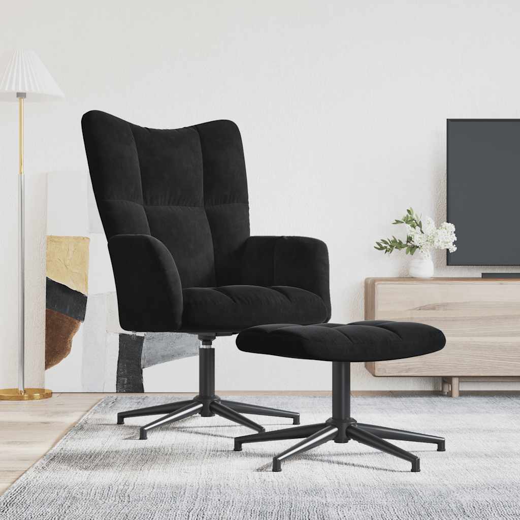 vidaXL Scaun de relaxare cu taburet, negru, catifea vidaXL Scaun de relaxare cu taburet, negru, catifea