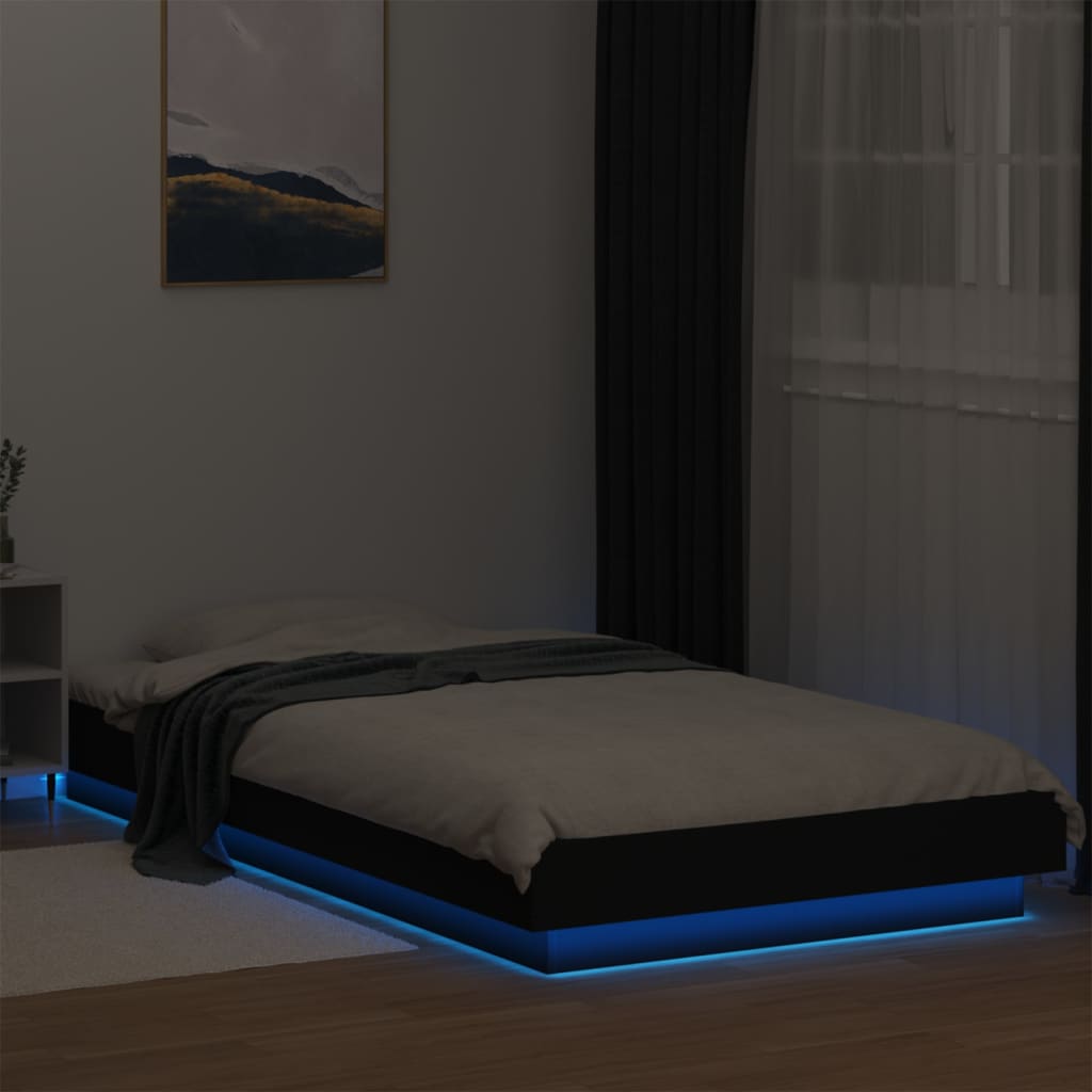 vidaXL Cadru de pat cu lumini LED, negru, 90x200 cm, lemn prelucrat