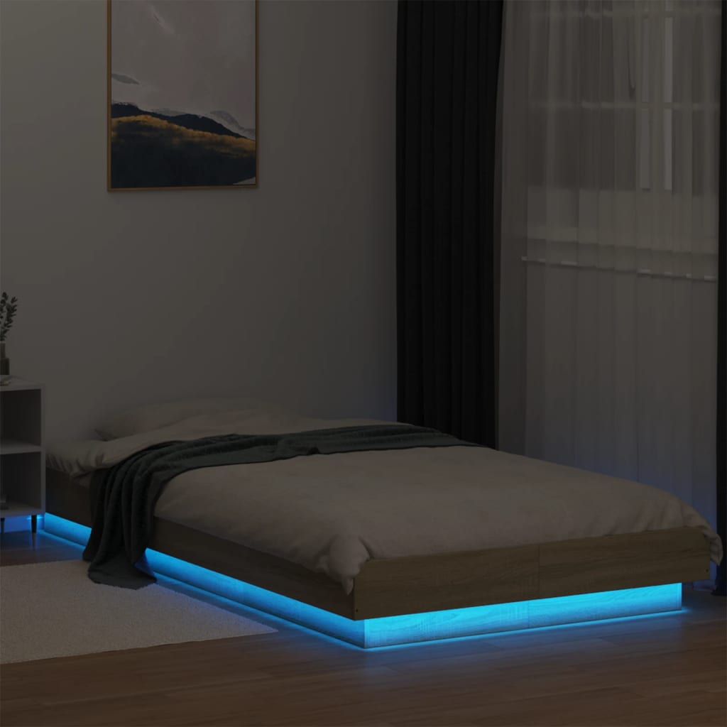 vidaXL Cadru de pat cu LED, stejar sonoma, 90x200 cm, lemn prelucrat
