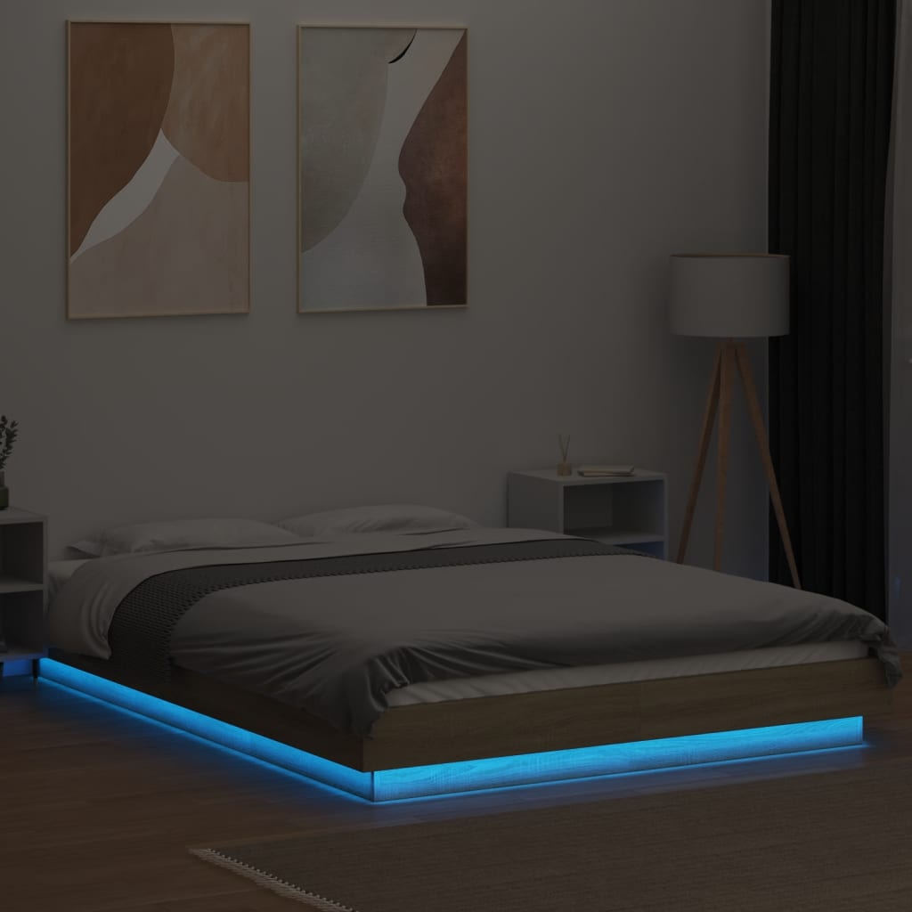 vidaXL Cadru de pat cu LED stejar sonoma 140x190 cm lemn prelucrat