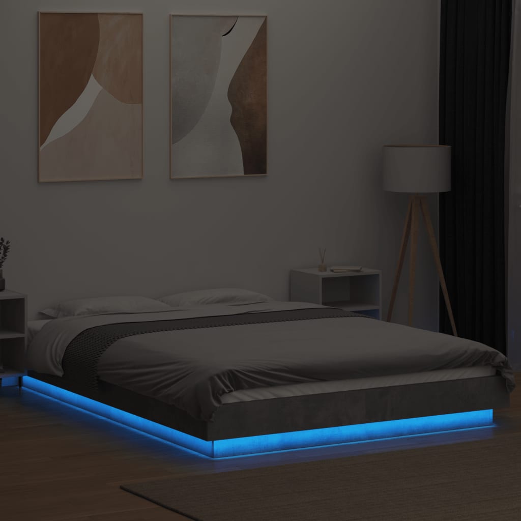 vidaXL Cadru de pat cu LED, gri beton, 135x190 cm, lemn prelucrat