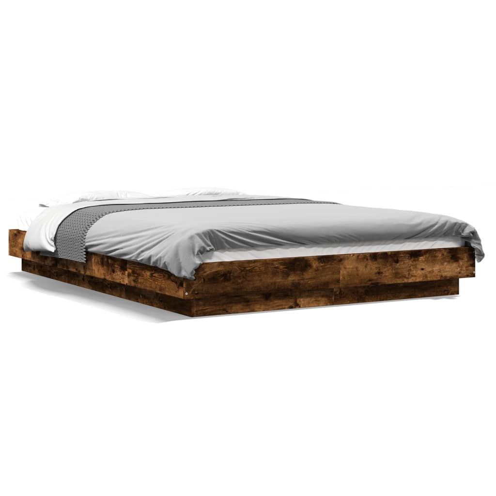 vidaXL Cadru de pat cu LED stejar fumuriu 135x190 cm lemn prelucrat