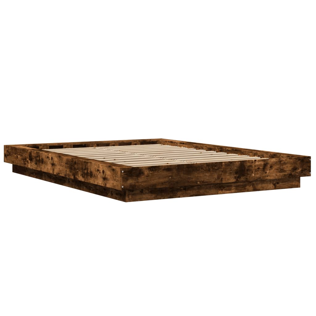vidaXL Cadru de pat cu LED stejar fumuriu 135x190 cm lemn prelucrat