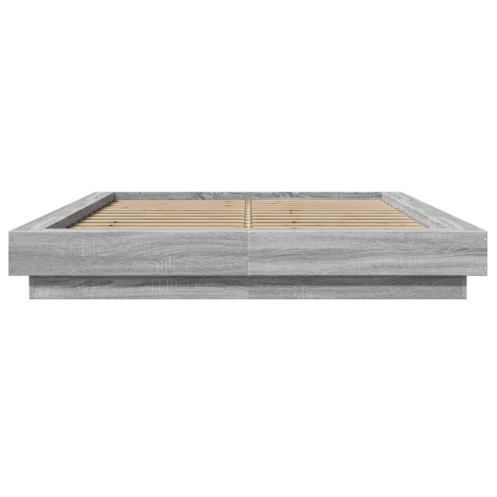 vidaXL Cadru de pat cu LED, gri sonoma, 135x190 cm, lemn prelucrat