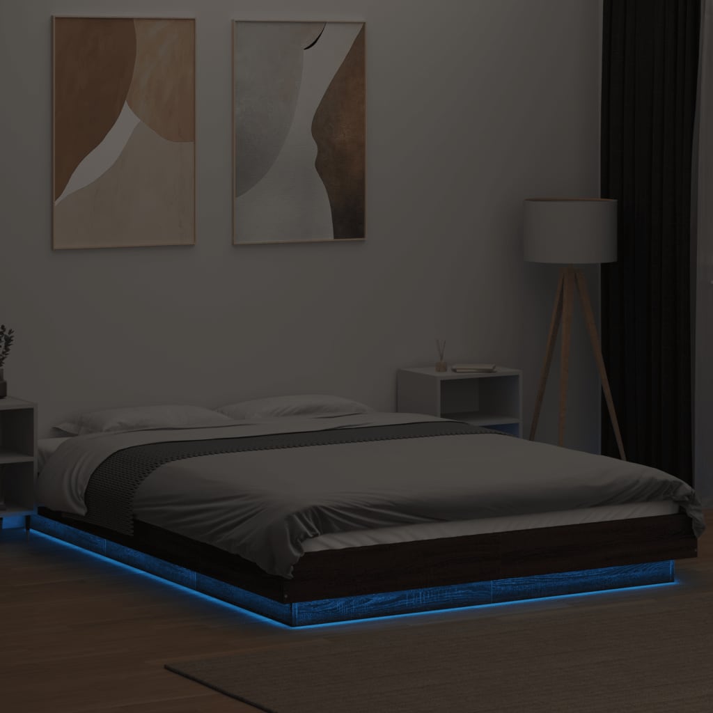 vidaXL Cadru de pat cu LED, stejar maro, 135x190 cm, lemn prelucrat