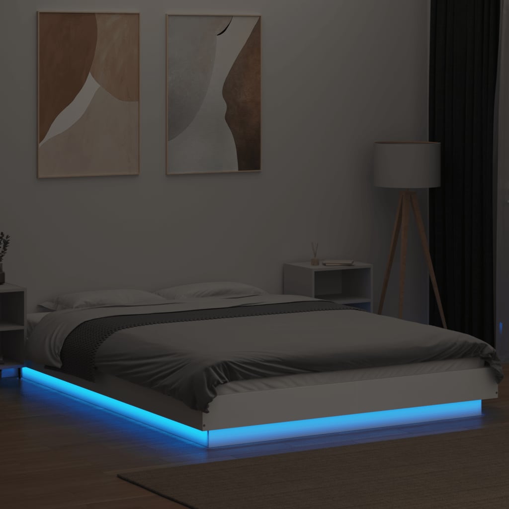 vidaXL Cadru de pat cu lumini LED, alb, 120x190 cm, lemn prelucrat vidaXL Cadru de pat cu lumini LED, alb, 120x190 cm, lemn prelucrat